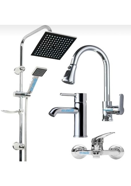 Spiralli Mutfak Sabit Lavabo Mix Banyo Robot Duş Seti 4’lü Musluk Set Takım