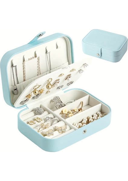 Açık Mavi Dikdörtgen Takı Kutusu, 3 Bölmeli, Seyahat ve Düzen Için Ideal.