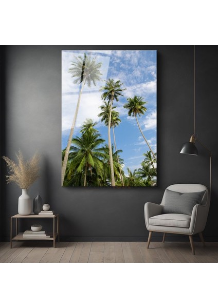 Palmiye Cenneti - Gökyüzüne Uzanan Yeşil Siluetler Cam Tablo