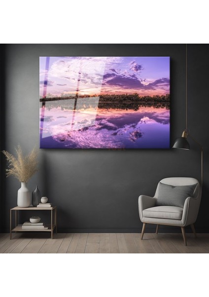 Göl Yansıması - Mor Tonlarında Büyüleyici Gün Batımı Cam Tablo