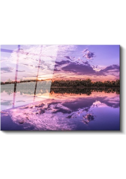 Göl Yansıması - Mor Tonlarında Büyüleyici Gün Batımı Cam Tablo fiyatları