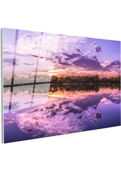Göl Yansıması - Mor Tonlarında Büyüleyici Gün Batımı Cam Tablo modelleri