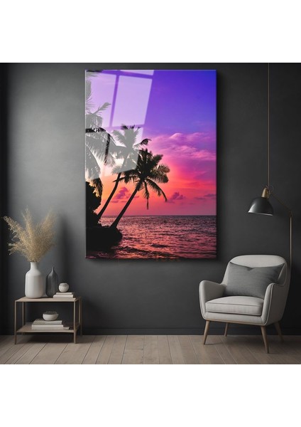 Tropik Günbatımı - Palmiyeler ve Mor Ufuklar Cam Tablo