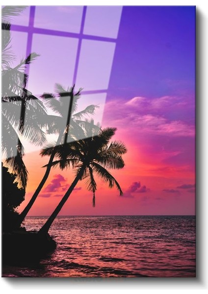 Tropik Günbatımı - Palmiyeler ve Mor Ufuklar Cam Tablo fiyatları