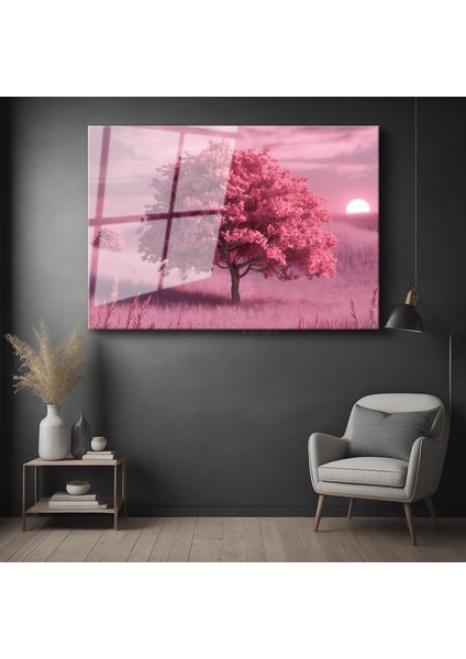Pembe Ağaç - Gün Batımı Huzuru Cam Tablo