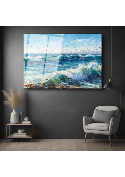 Dalgaların Dansı - Martıların Eşlik Ettiği Köpüklü Deniz Cam Tablo