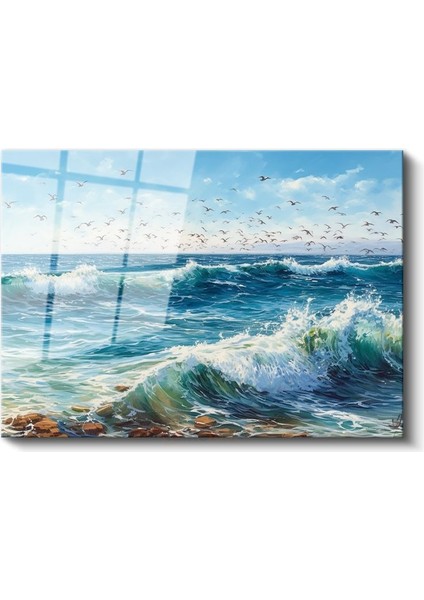 Dalgaların Dansı - Martıların Eşlik Ettiği Köpüklü Deniz Cam Tablo fiyatları