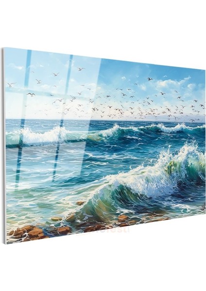 Dalgaların Dansı - Martıların Eşlik Ettiği Köpüklü Deniz Cam Tablo modelleri