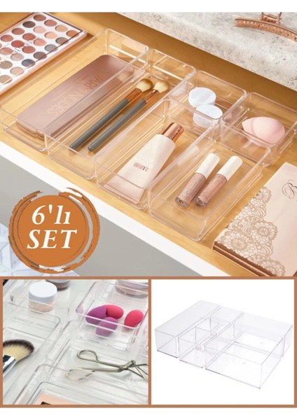 Şeffaf Ayarlanabilir Çekmece İçi Düzenleyici Set 6 Parça Takı ve Makyaj Organizer