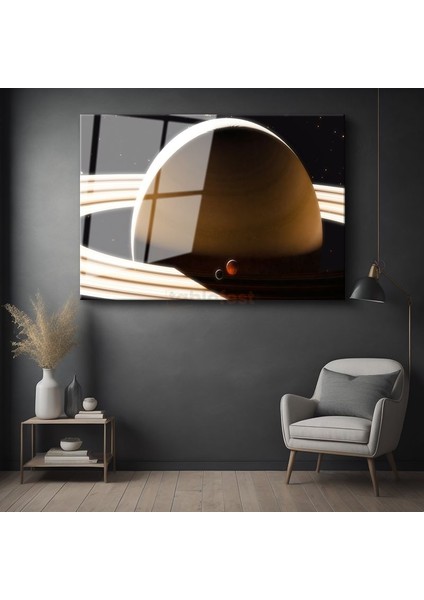 Satürn Gezegeni - Muhteşem Halkaları ve Uyduları ile Uzay Manzarası Cam Tablo