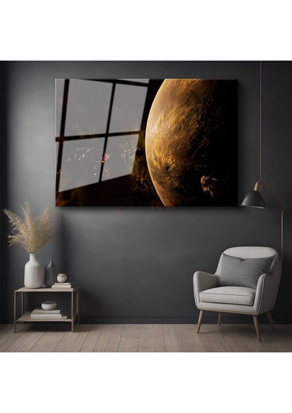 Altın Gezegen - Kozmik Derinliklerde Parıldayan Gök Cismi Cam Tablo