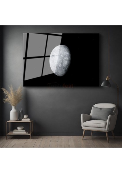 Ay Yüzeyi - Yıldızlı Gökyüzünde Gri Tonlar Cam Tablo