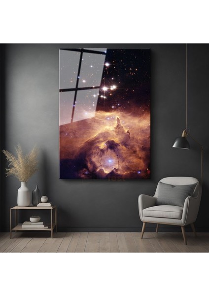 Kozmik Nebula - Yıldızlar ve Turuncu Gaz Bulutlarıyla Dolu Uzay Manzarası Cam Tablo