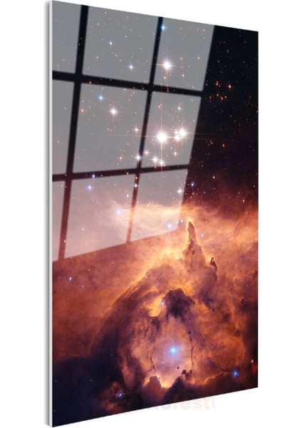 Kozmik Nebula - Yıldızlar ve Turuncu Gaz Bulutlarıyla Dolu Uzay Manzarası Cam Tablo