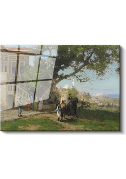 Fausto Zonaro - Konak Önünde Atlılar Cam Tablo