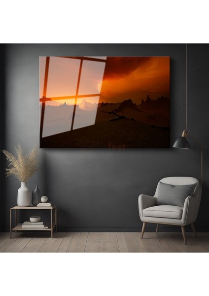 Alev Dağları - Kızıl Gökyüzü ve Dramatik Silüetler Cam Tablo