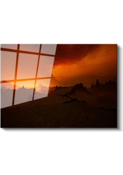 Alev Dağları - Kızıl Gökyüzü ve Dramatik Silüetler Cam Tablo fiyatları