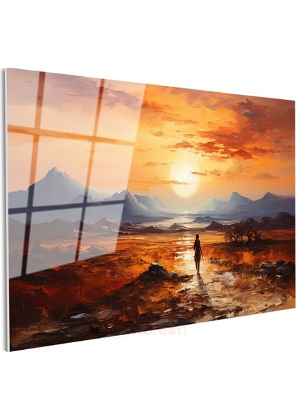 Yolculuk - Alev Rengi Gün Batımında Dağların Çağrısı Cam Tablo modelleri