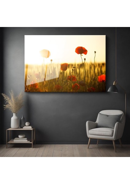 Gelincik Tarlası - Altın Sarısı Günbatımında Kırmızı Çiçekler Cam Tablo