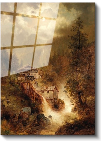 Albert Bierstadt - Dağ Evleri ve Şelale Cam Tablo