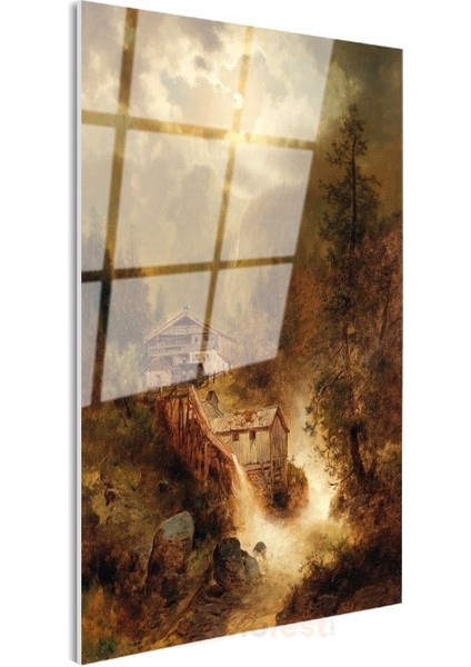Albert Bierstadt - Dağ Evleri ve Şelale Cam Tablo
