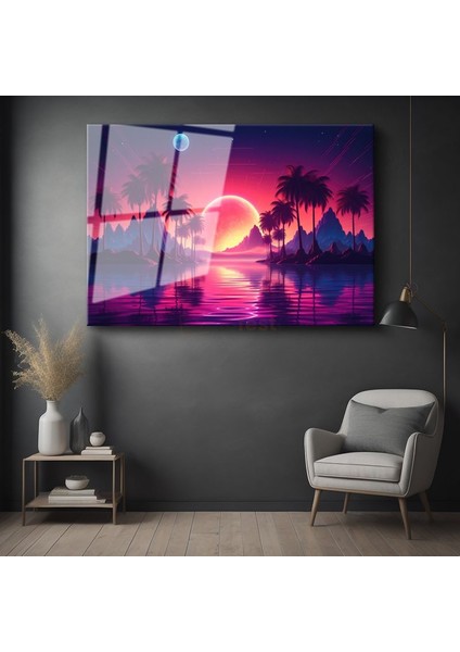 Neon Cennet - Retrowave Tarzı Gün Batımı Manzarası Cam Tablo