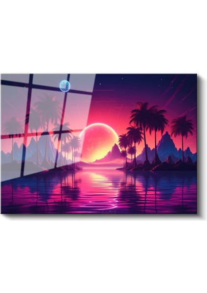 Neon Cennet - Retrowave Tarzı Gün Batımı Manzarası Cam Tablo fiyatları