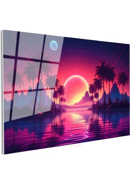 Neon Cennet - Retrowave Tarzı Gün Batımı Manzarası Cam Tablo modelleri