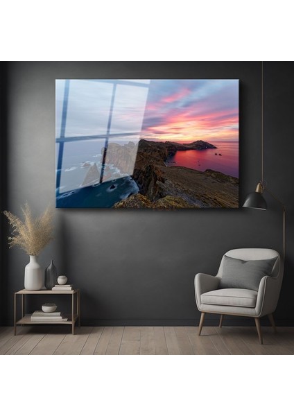 Kıyı Kayalıkları - Alev Renkli Gün Batımında Okyanus Manzarası Cam Tablo