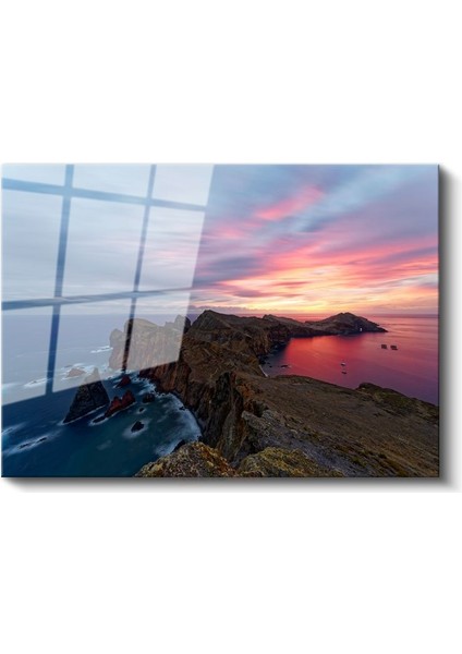 Kıyı Kayalıkları - Alev Renkli Gün Batımında Okyanus Manzarası Cam Tablo fiyatları