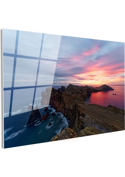 Kıyı Kayalıkları - Alev Renkli Gün Batımında Okyanus Manzarası Cam Tablo modelleri