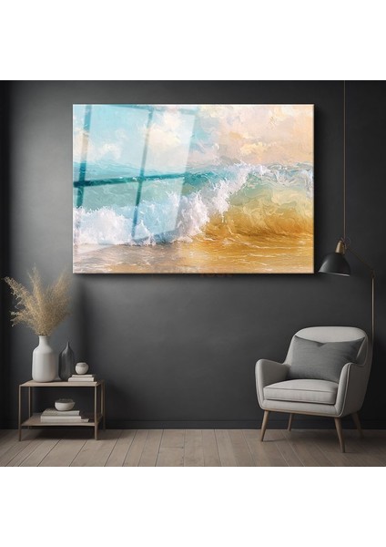 Okyanus Dalgası - Turkuaz Sulardan Sahile Vuran Köpüklü Dalga Cam Tablo