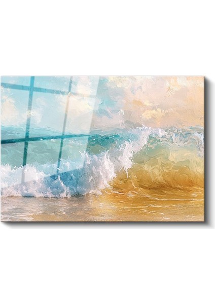 Okyanus Dalgası - Turkuaz Sulardan Sahile Vuran Köpüklü Dalga Cam Tablo fiyatları