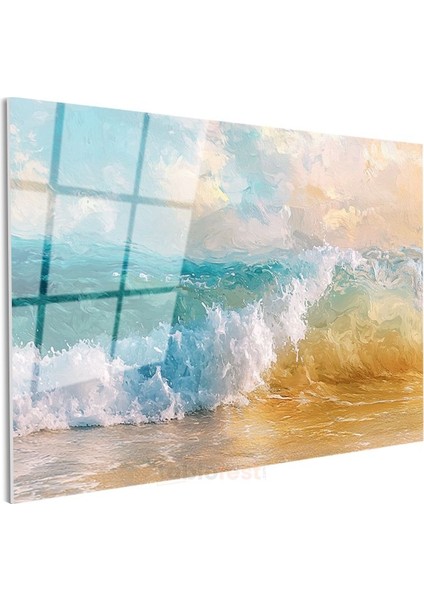 Okyanus Dalgası - Turkuaz Sulardan Sahile Vuran Köpüklü Dalga Cam Tablo modelleri