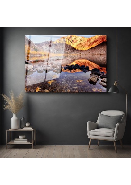 Sonbahar Gölü - Dağların Arasında Altın Yansımalar Cam Tablo