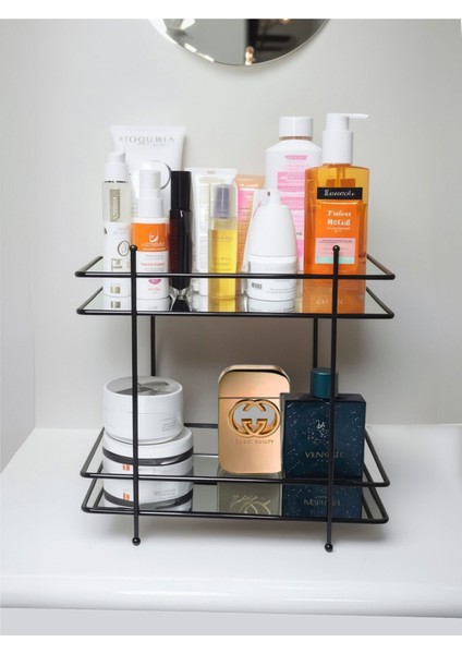 Dikdörtgen Siyah Ayna ve Kozmetik Organizer, Şık ve İşlevsel Depolama Çözümü