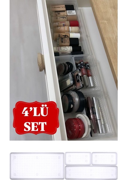 Şeffaf 4'lü Çekmece Içi Organizer, Kozmetik ve Takı Düzenleyici, 1+1+2 Paket