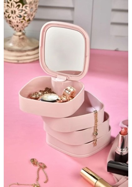4 Katlı Döner Kare Aynalı Takı Saklama Kutusu, Pembe, 360° Döner, Şık ve Pratik Organizer