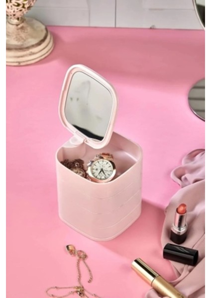 4 Katlı Döner Kare Aynalı Takı Saklama Kutusu, Pembe, 360° Döner, Şık ve Pratik Organizer fırsatları