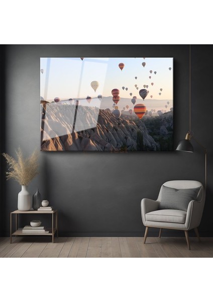 Kapadokya Balonları - Peri Bacaları Üzerinde Şafak Vakti Cam Tablo