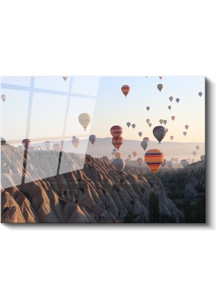 Kapadokya Balonları - Peri Bacaları Üzerinde Şafak Vakti Cam Tablo fiyatları