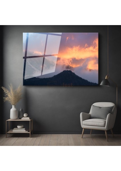 Alacakaranlık Dağları - Ateş Renkli Bulutlar ve Sis Cam Tablo