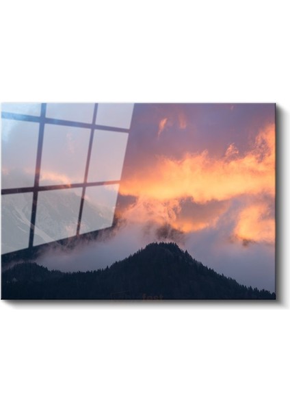 Alacakaranlık Dağları - Ateş Renkli Bulutlar ve Sis Cam Tablo fiyatları