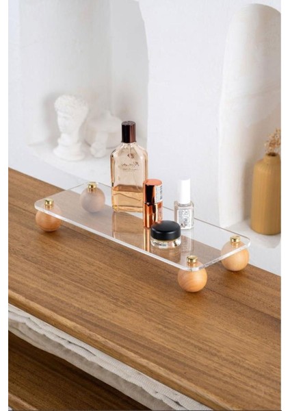 Şeffaf Ahşap Dikdörtgen Top Ayaklı Organizer, Düzenleyici ve Dekoratif Stand