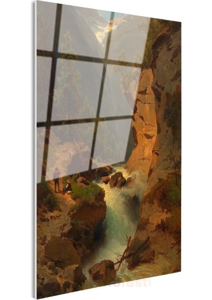 Albert Bierstadt - Dağlık Manzara ve Şelale Cam Tablo