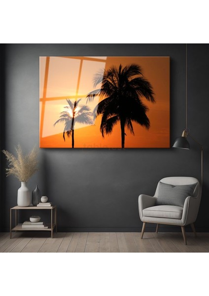 Palmiyeler - Turuncu Gün Batımında Tropik Silüetler Cam Tablo