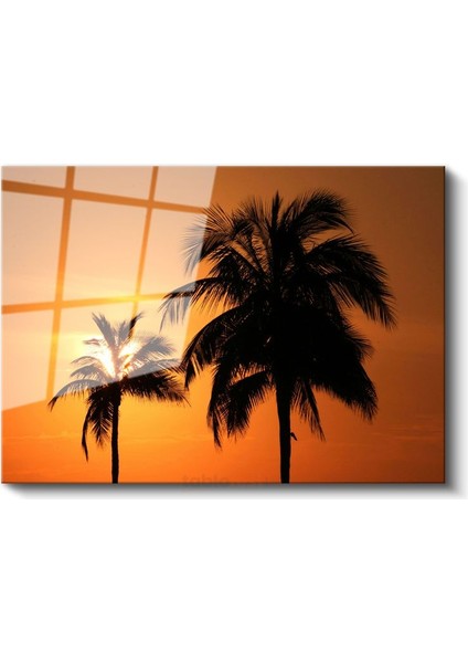 Palmiyeler - Turuncu Gün Batımında Tropik Silüetler Cam Tablo fiyatları