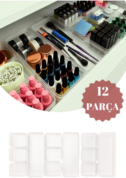 12 Parça Şeffaf Çekmece Içi Makyaj ve Takı Organizer Set modelleri
