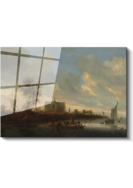 Jan Van Goyen - Nehir Kıyısında Kilise Manzarası Cam Tablo
