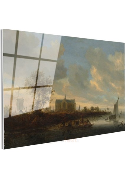 Jan Van Goyen - Nehir Kıyısında Kilise Manzarası Cam Tablo